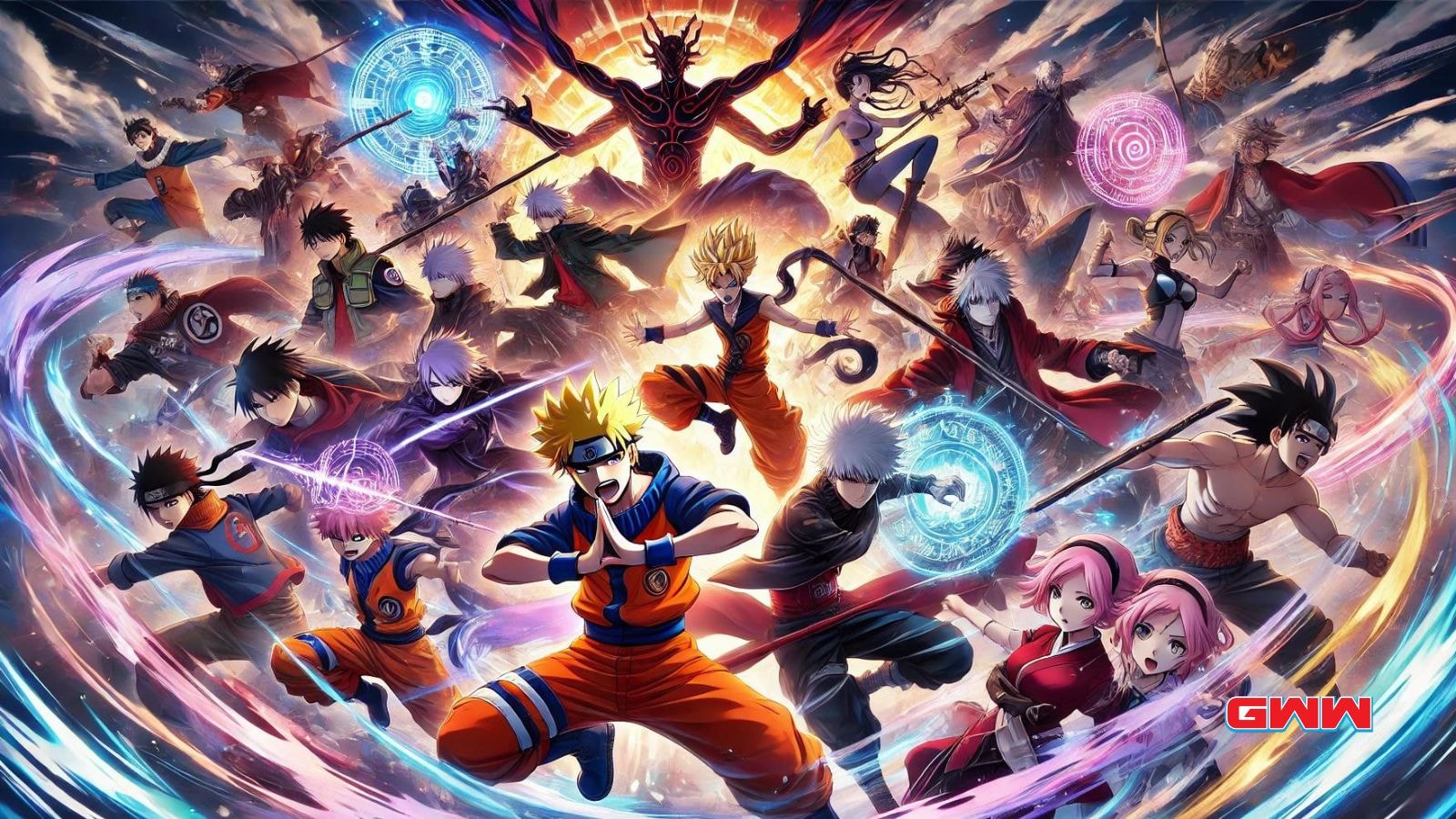 Group of anime characters in battle stances surrounded by swirling energy