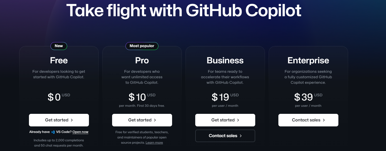 GitHub Copilot Pricing plans