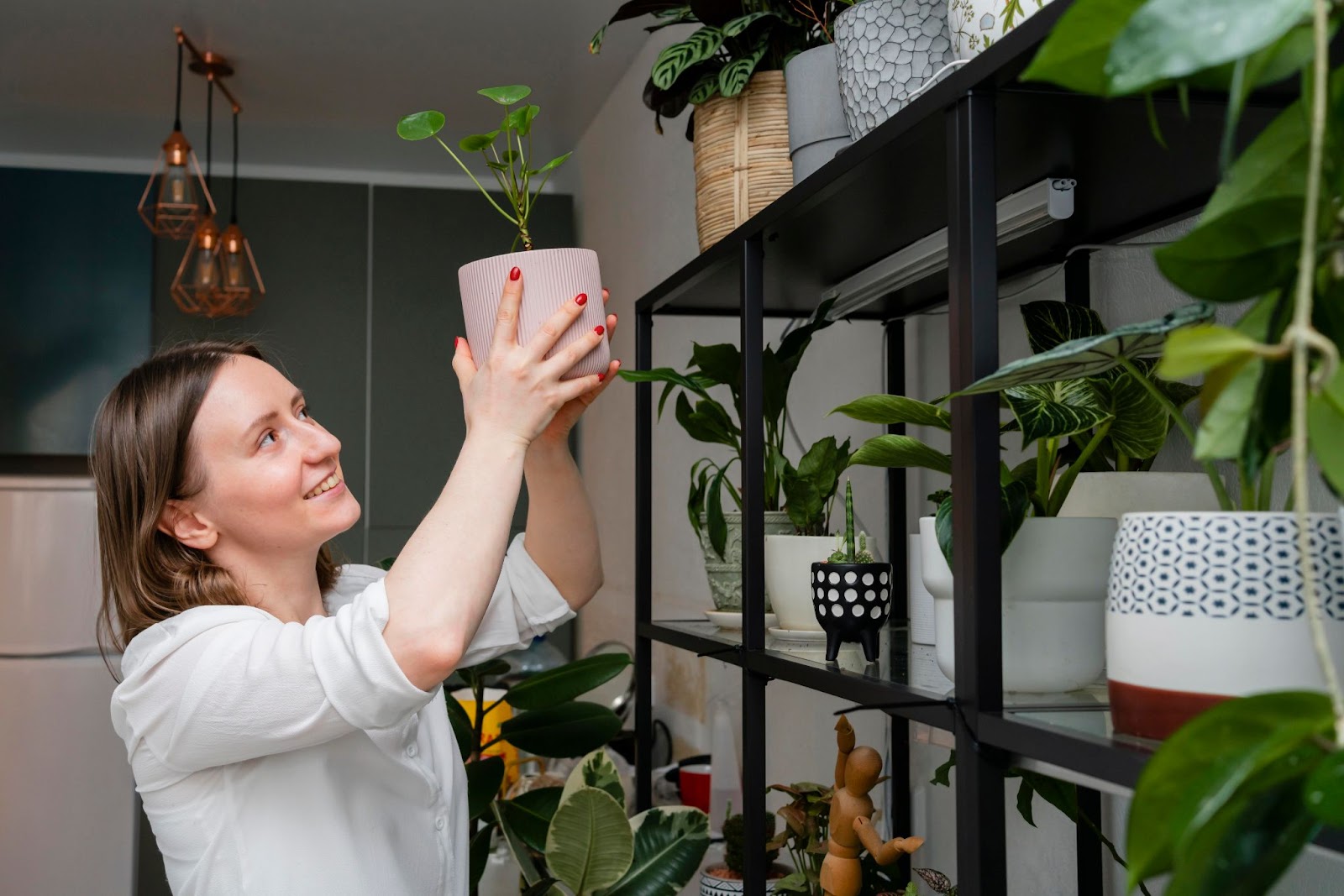 A woman arranging plants in her self.