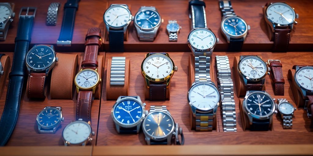 Luxury watch collection on a wooden display.