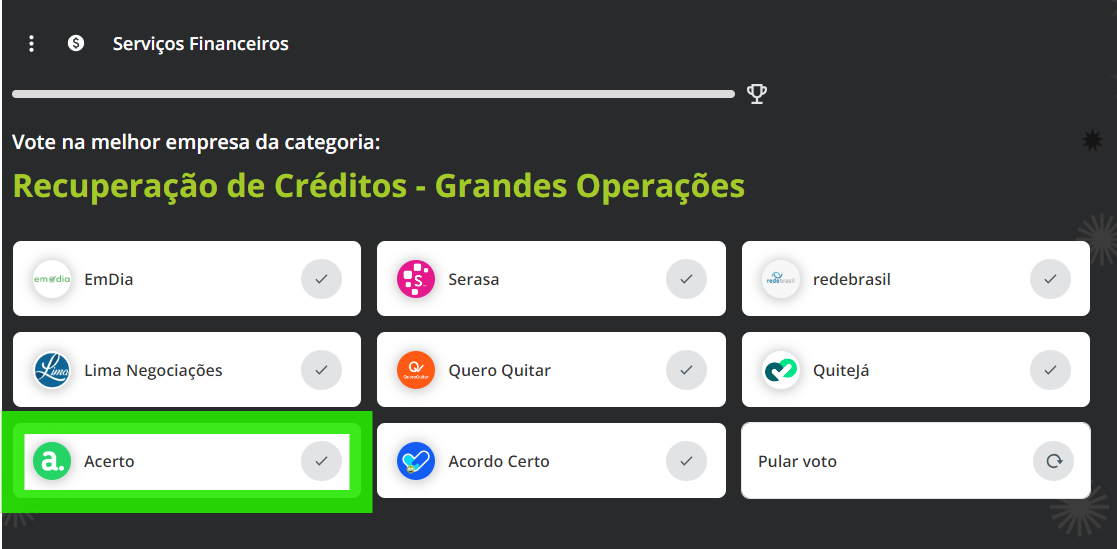 Imagem com o primeiro passo para votar na Acerto no prêmio Reclame Aqui.