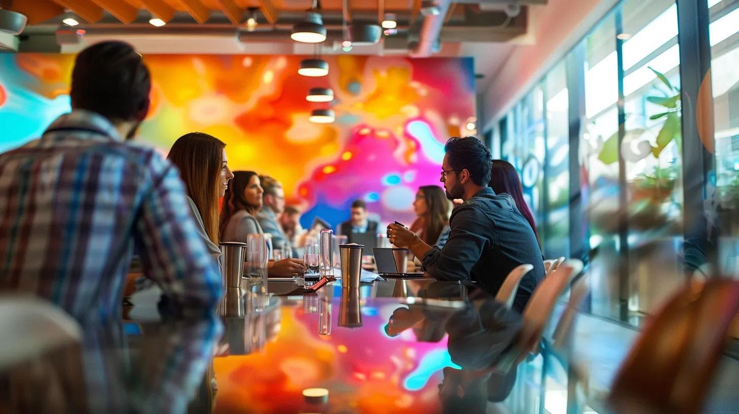 a modern conference room in playa hermosa, elegantly styled with sleek furnishings, showcases diverse professionals collaborating over a vibrant brand identity presentation, accentuating the essence of strategic consistency and market differentiation.