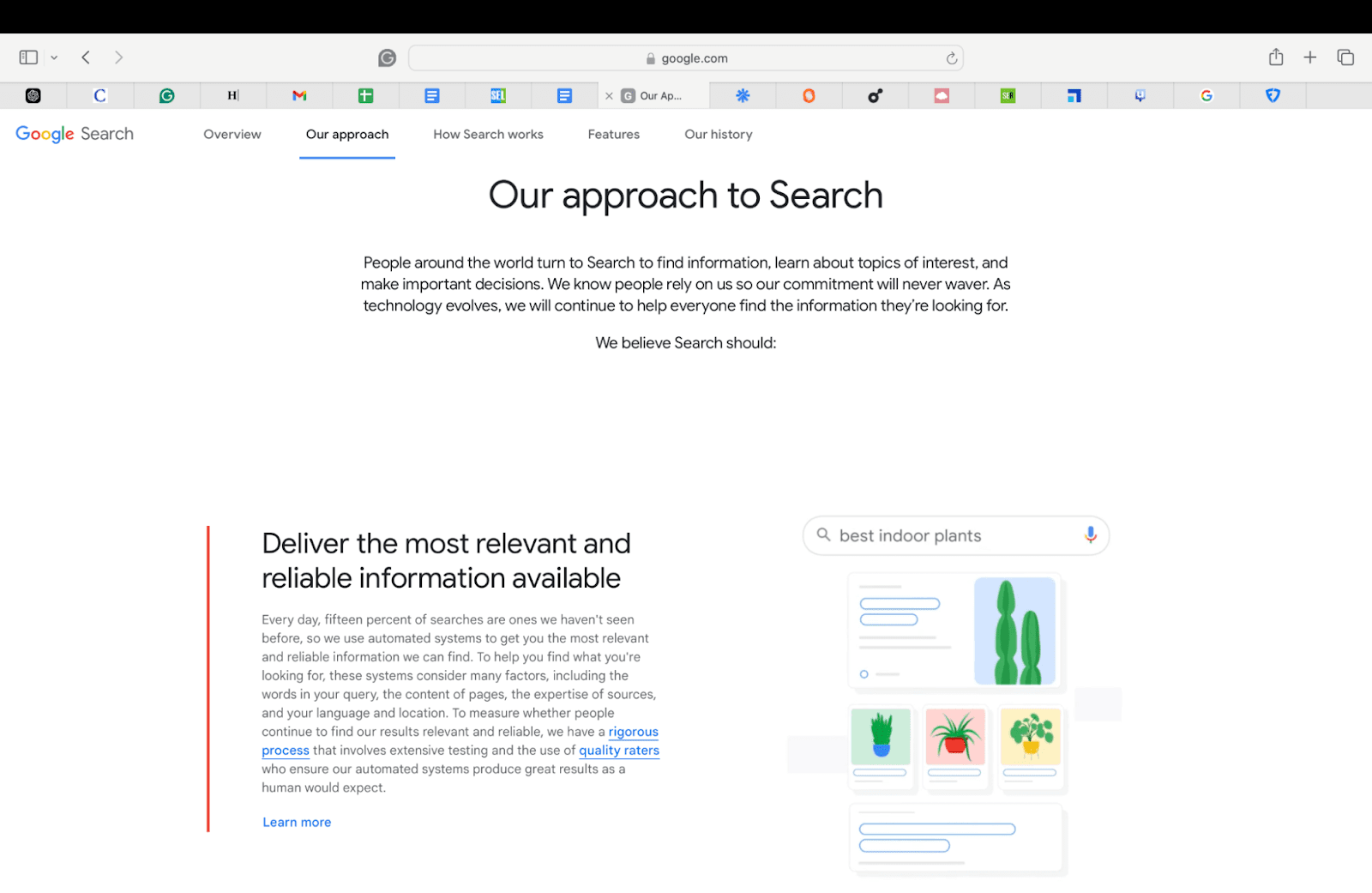 Screenshot of Google page about its priority to deliver searchers relevant, reliable information