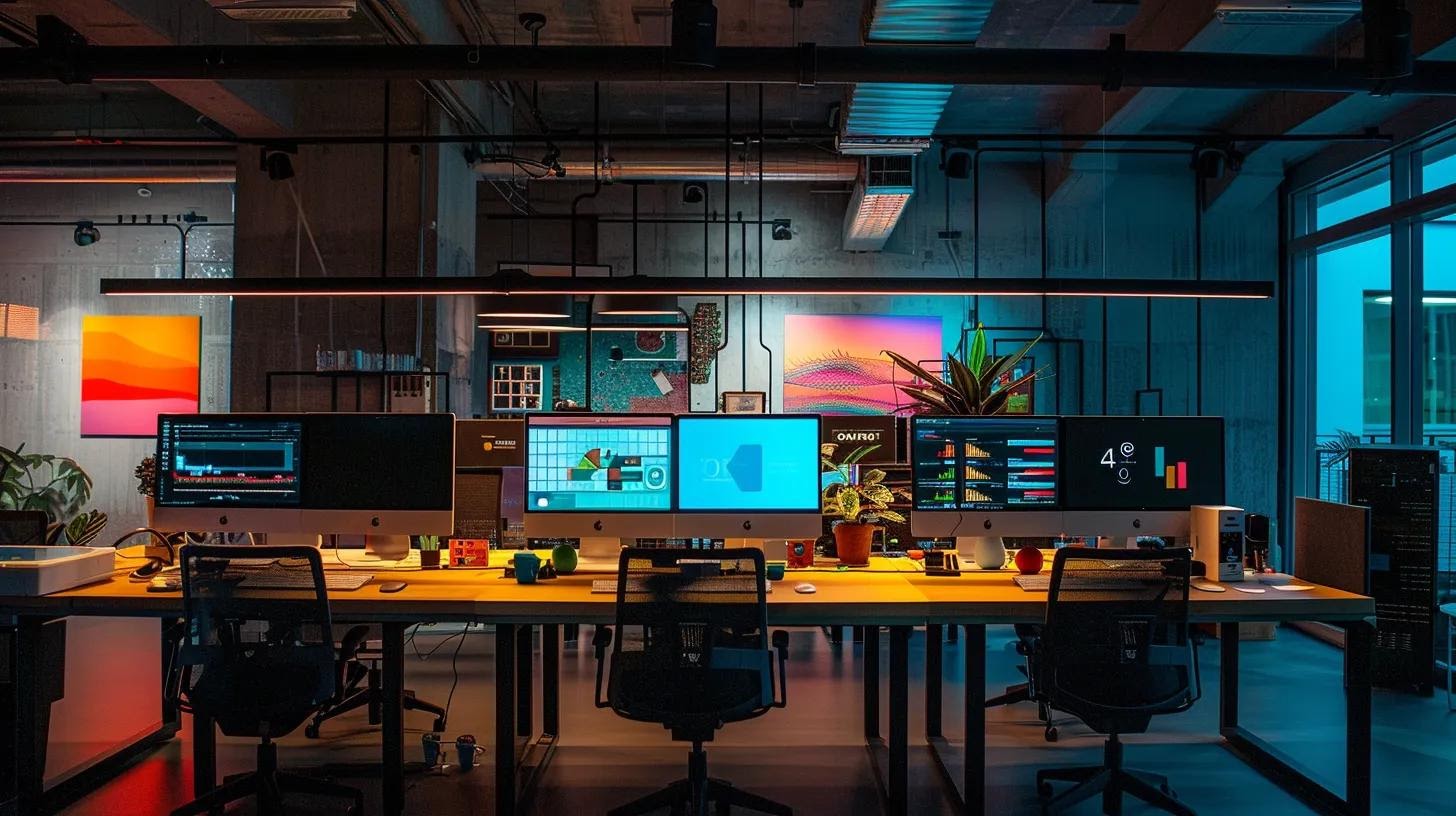 a modern office workspace illuminated by sleek overhead lights features multiple computer screens displaying colourful analytics dashboards and user behaviour heatmaps, with a minimalistic design that conveys a focus on data-driven seo strategy and continuous improvement.
