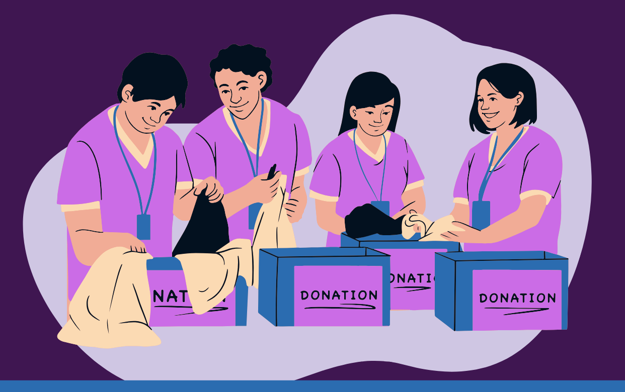 Image of people working around donation boxes