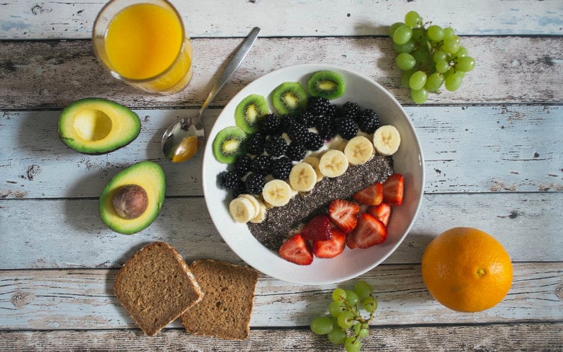 Healthy breakfast foods flatlay.