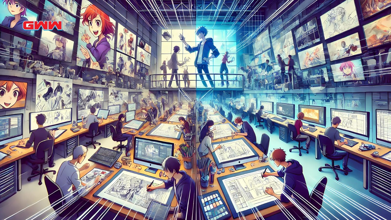 Concept design, animation, and digital refinement, all within an anime studio setting