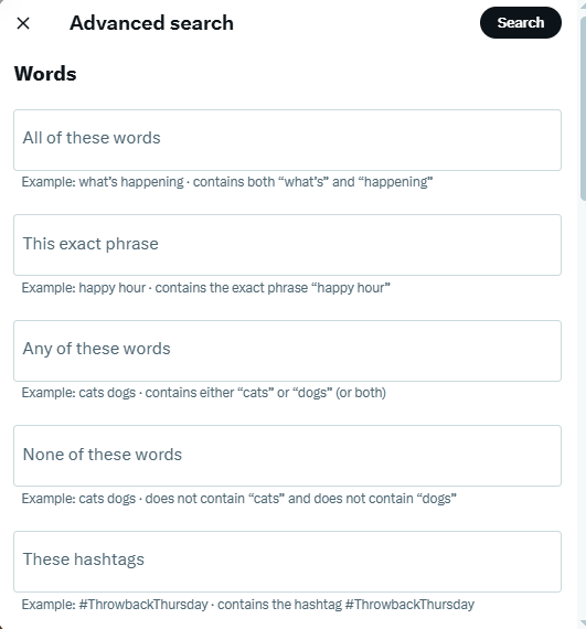 After clicking, a window will pop up with various features such as keywords, hashtags, dates, and user accounts. 