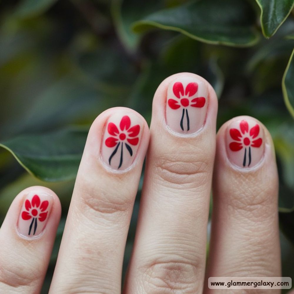 Red Summer Nails having Minimalist Flowers