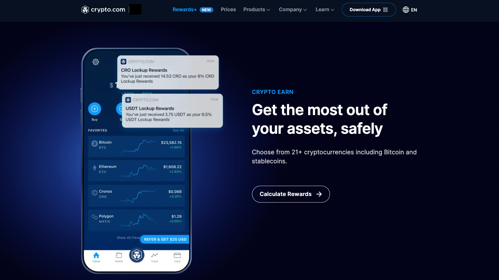 Crypto.com exchange homepage showcasing their mobile app and promoting features like crypto earnings, with a focus on asset safety and rewards.