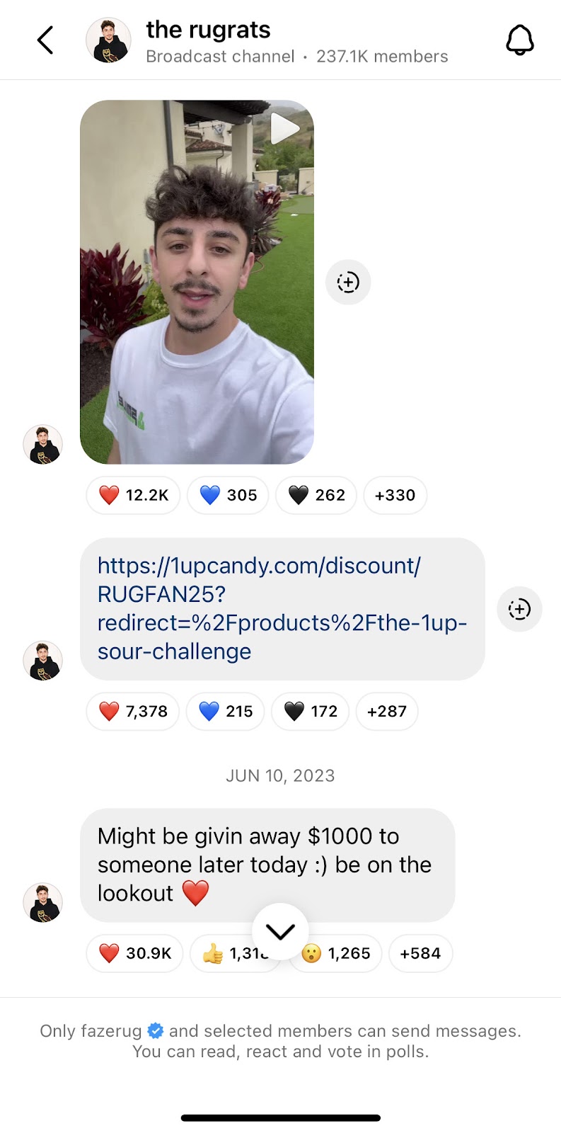 A preview of @fazerug’s Instagram broadcast channel. He shares a video and an exclusive discount code for his candy brand. He also mentions he will be doing a $100 giveaway. 