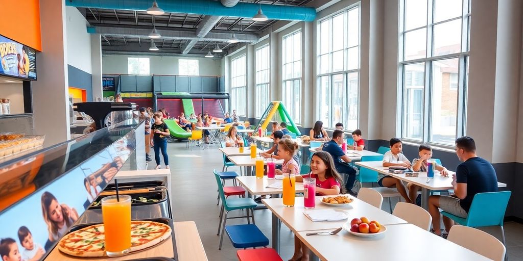 Heller Gastronomiebereich im Jump House Osnabrück mit Familien und Speisen.