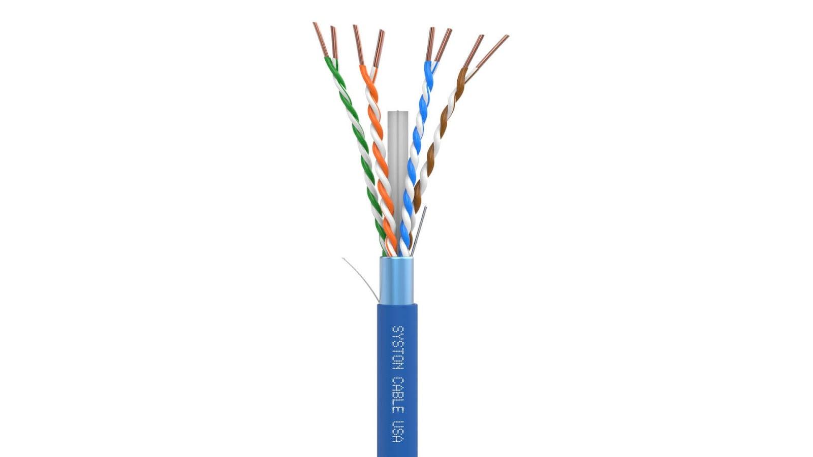 A close-up of a Cat6A cable’s twisted pairs.