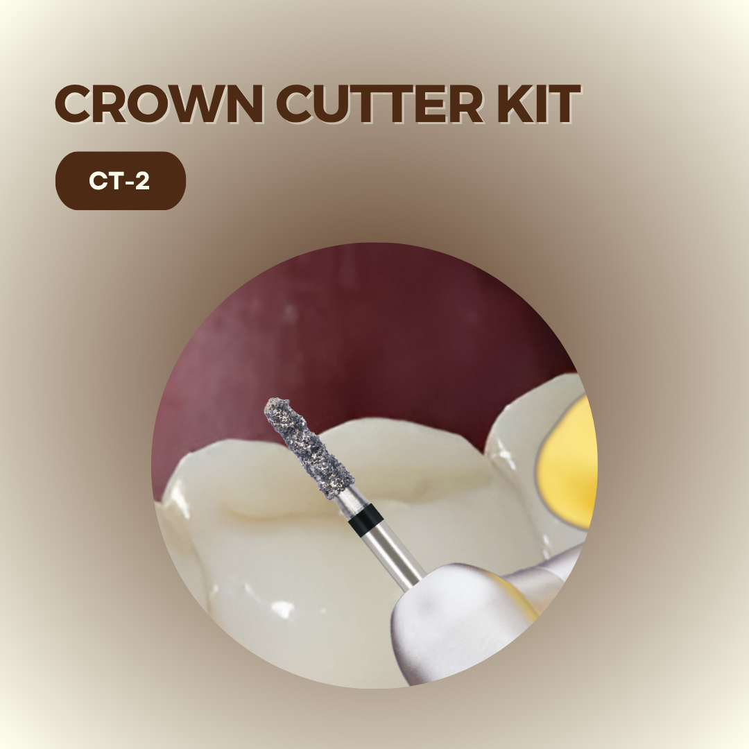 Mr. Bur Crown Cutter Kit for efficient crown removal, featuring hybrid and carbide burs with an instrument for safely cutting and separating zirconia, PFM, and e.max crowns.