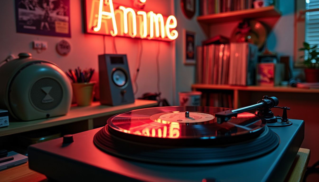 A cozy room with an old record player and anime vinyls. A cozy room with an old record player and anime vinyls.