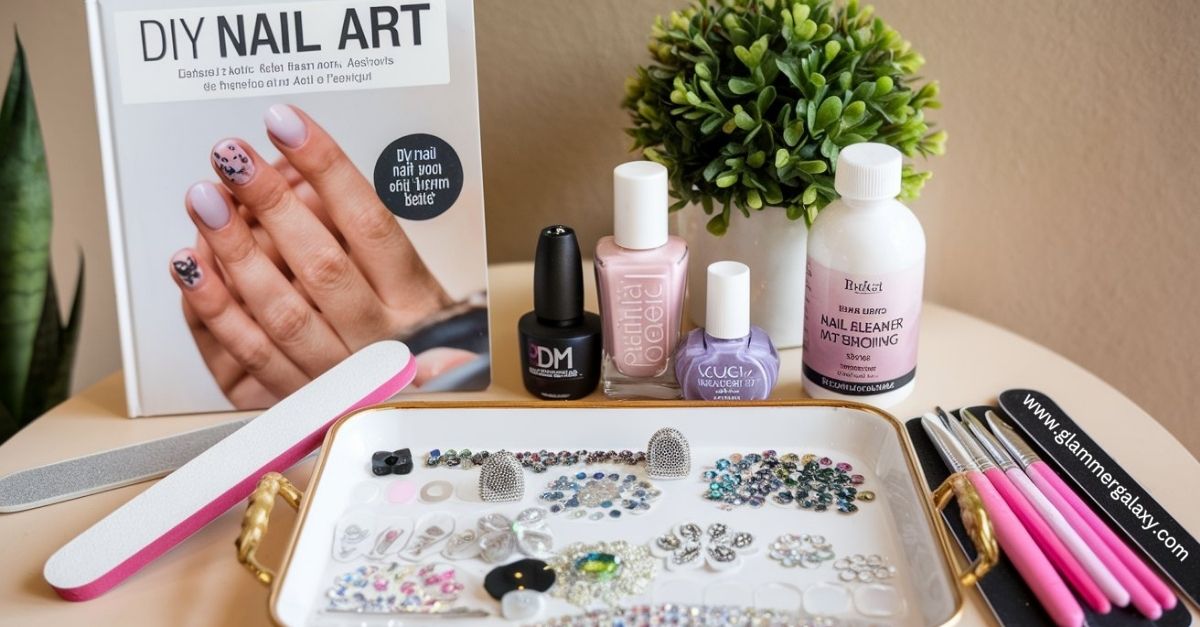 Nail art supplies and magazine on table with text “DIY Vs. Professional: When To Splurge.”