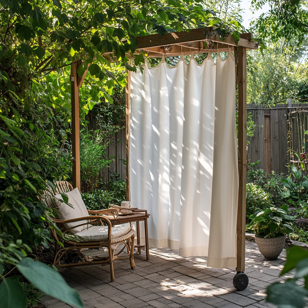 An image of a privacy curtain frame with a reading table. 