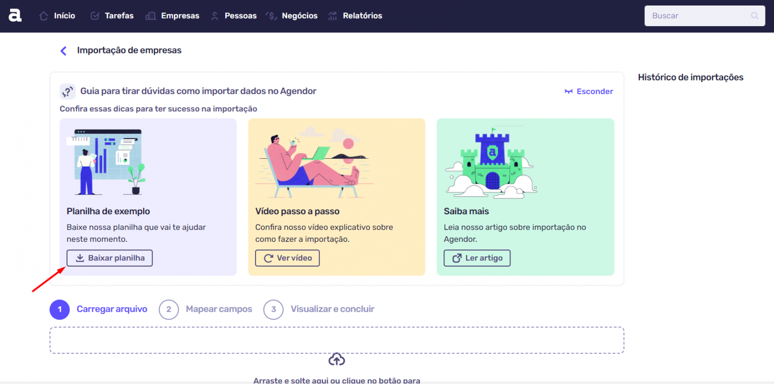Página de 'Importação de empresas' no Agendor. Destaque para a seção 'Planilha de exemplo' com um botão 'Baixar planilha' sendo apontado por uma seta vermelha.