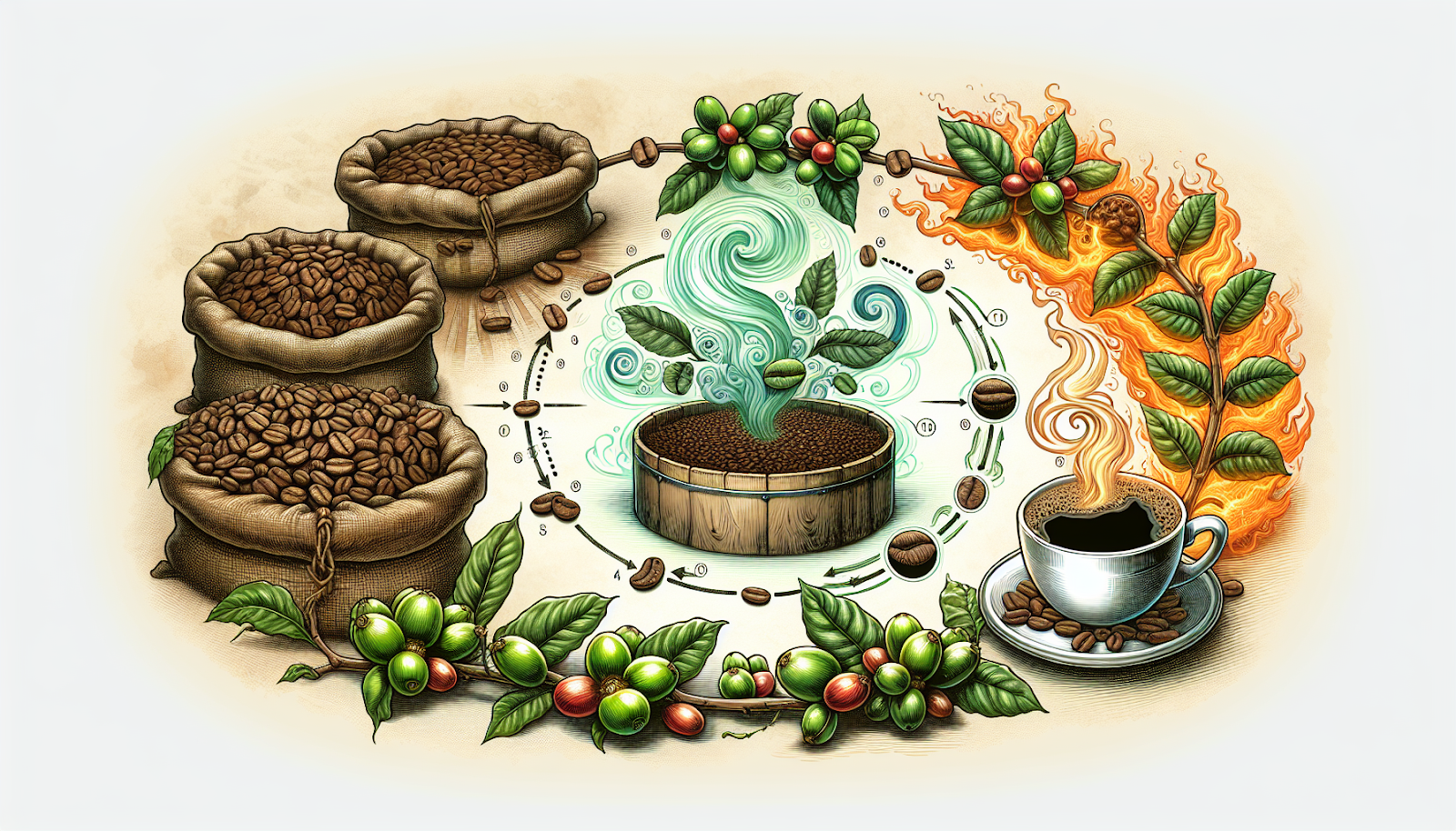 An illustration showing the lifecycle of roasted coffee beans.