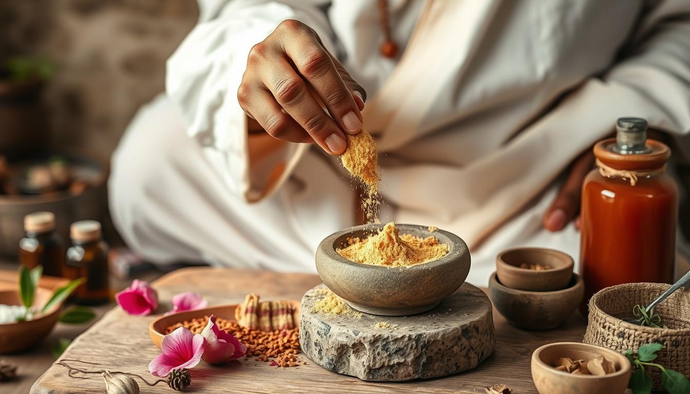 Ayurvedic practitioner preparing traditional sandalwood paste for skin treatment
