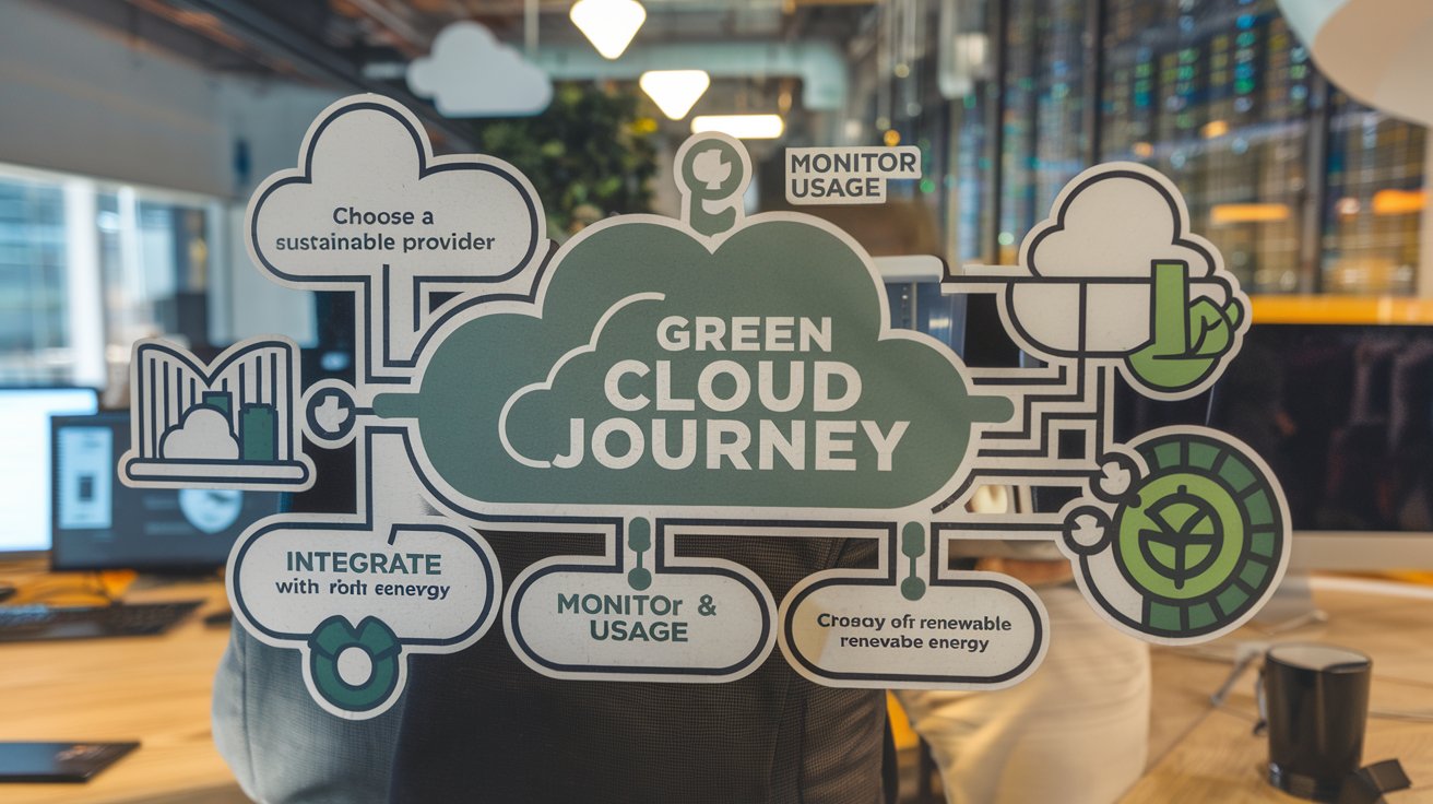 A roadmap for businesses to start their green cloud journey, showcasing steps to adopt sustainable cloud solutions