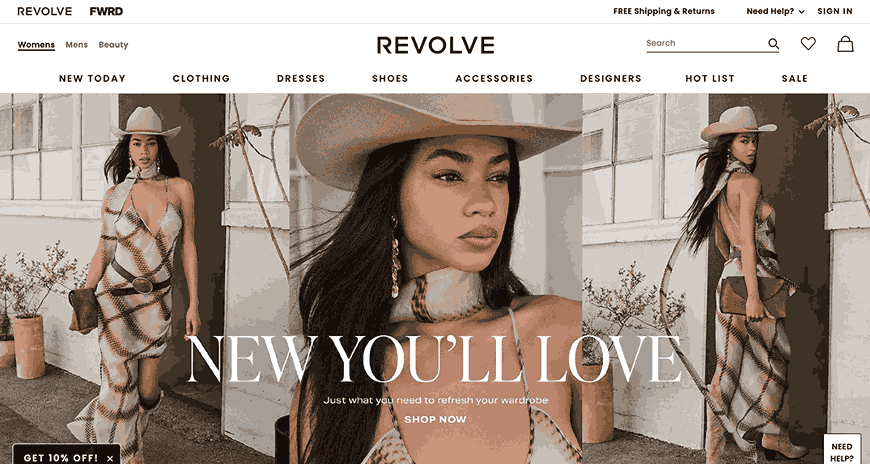 A screenshot of Revolve homepage as one of the fashion brands looking for influencers