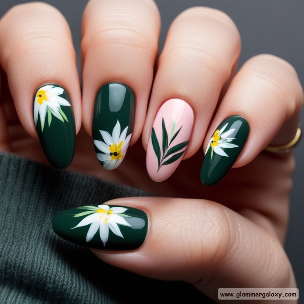 Winter and Fall Dark Green Nails having Botanical Beauty
