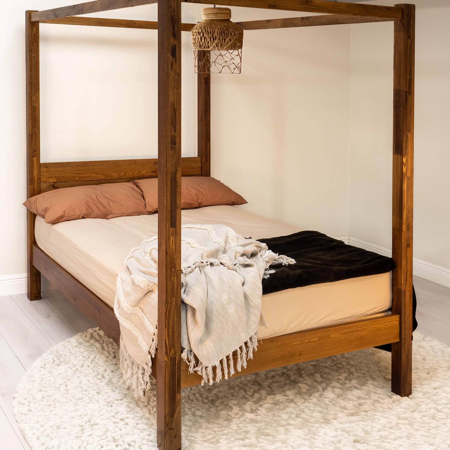 Model 06 - Four Poster Wooden Bed - Solid Pine - Walnut Finish