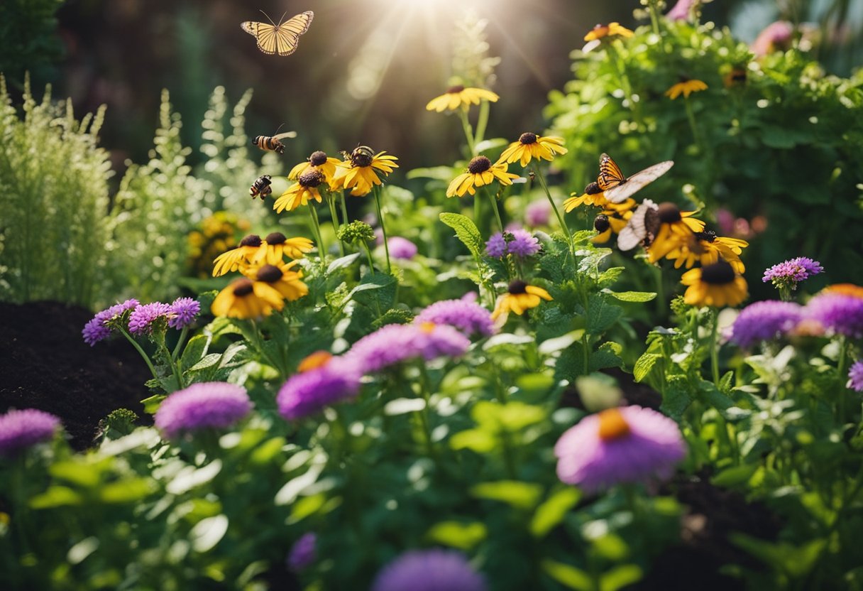 A lush garden with vibrant, healthy plants surrounded by bags of natural compost and organic fertilizer. Bees and butterflies flutter around the blooming flowers