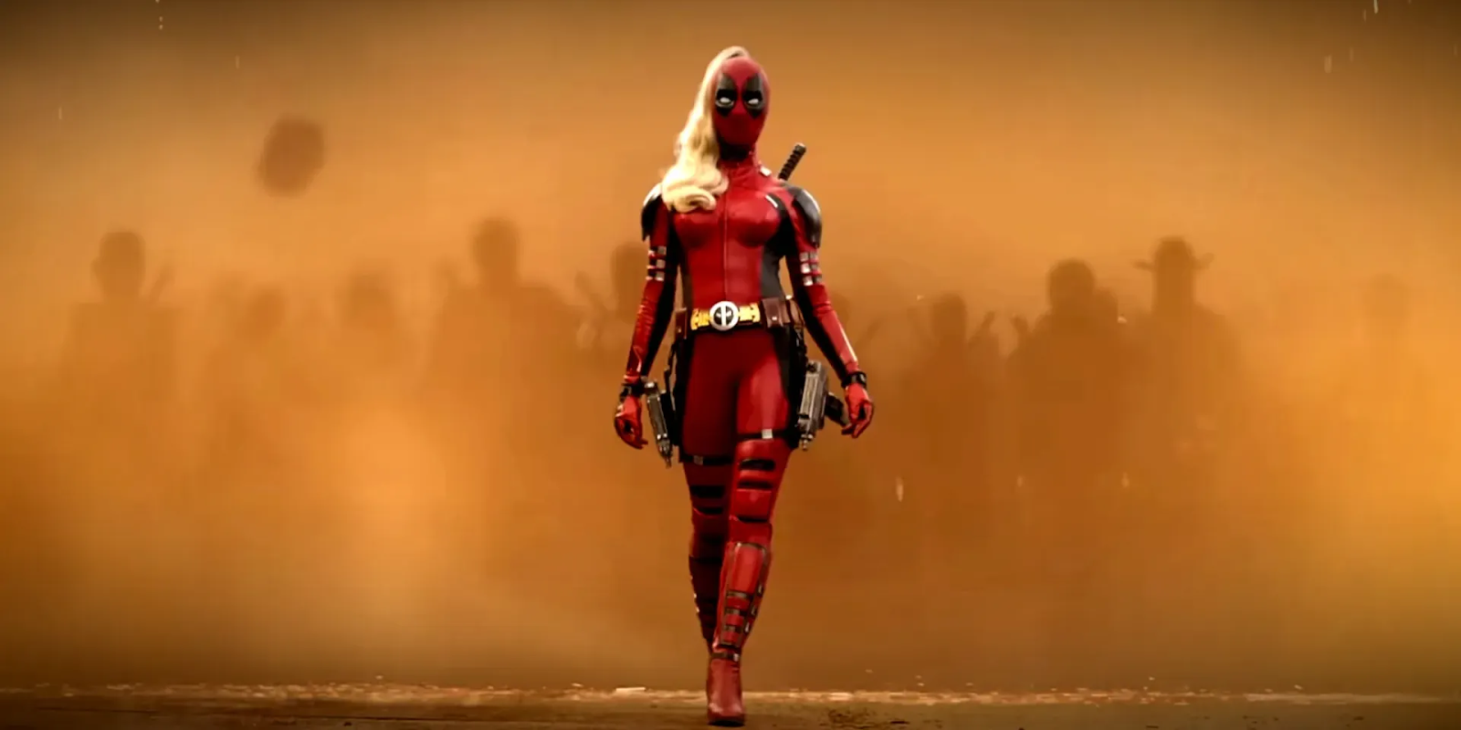 Ladypool (Blake Lively) caminando en el traje de Deadpool, con una larga coleta rubia de cabello mientras sobre sale por encima del humo y la silueta de los demás Deadpools.