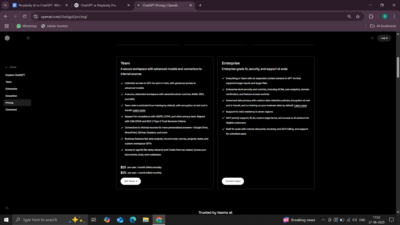 chatgpt pricing options for teams and enterprises