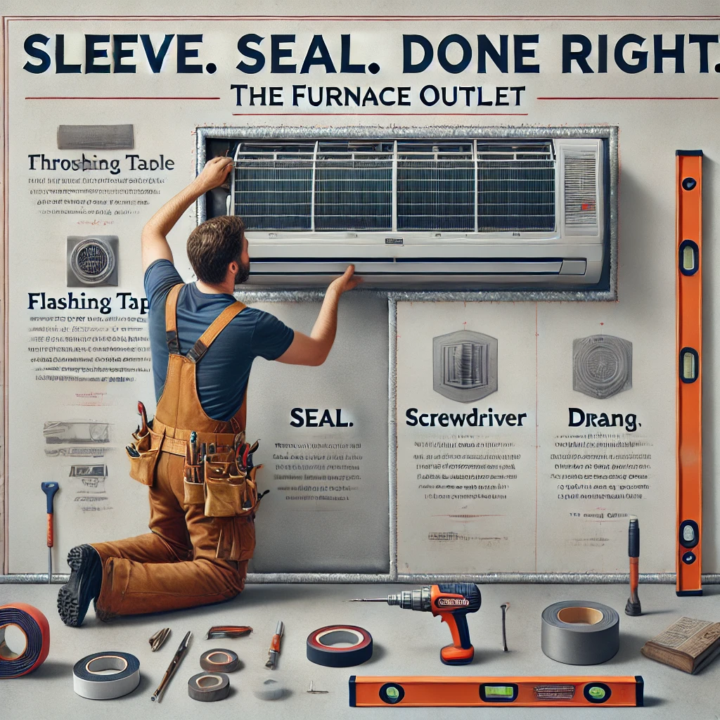 HVAC professional leveling and sealing a wall AC unit with visible tools and insulation, branded with “Sleeve. Seal. Drain. Done Right.” and The Furnace Outlet logo.