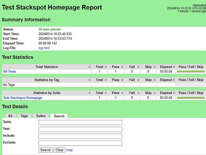 Robot Framework report after test run, where the open photo shows details of the run.