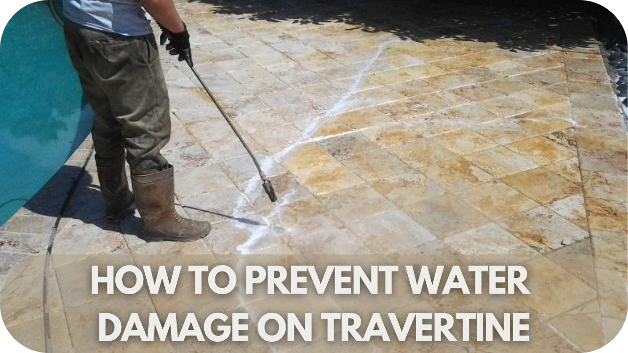 Sealed travertine surface resisting water.