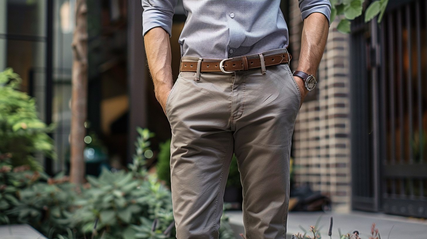 A man dressed in slim-fit chinos made from cotton twill, paired with a button-down shirt and loafers. A clean, versatile look for business casual or weekend wear.