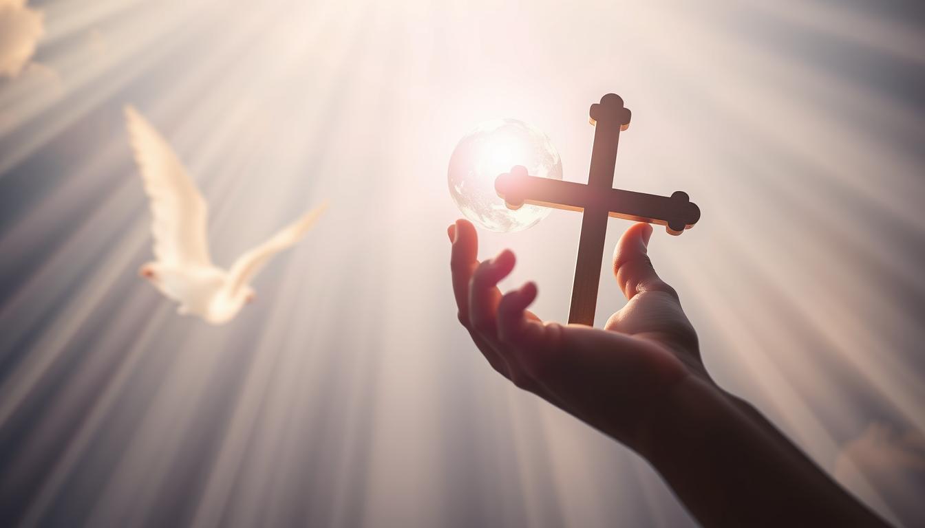 A person holding a Christian cross in one hand while reaching out to grasp a glowing orb with the other hand. The orb represents the law of attraction and the person's alignment of their faith with their desires. In the background, there are rays of light shining down from the heavens, symbolizing divine guidance and support.