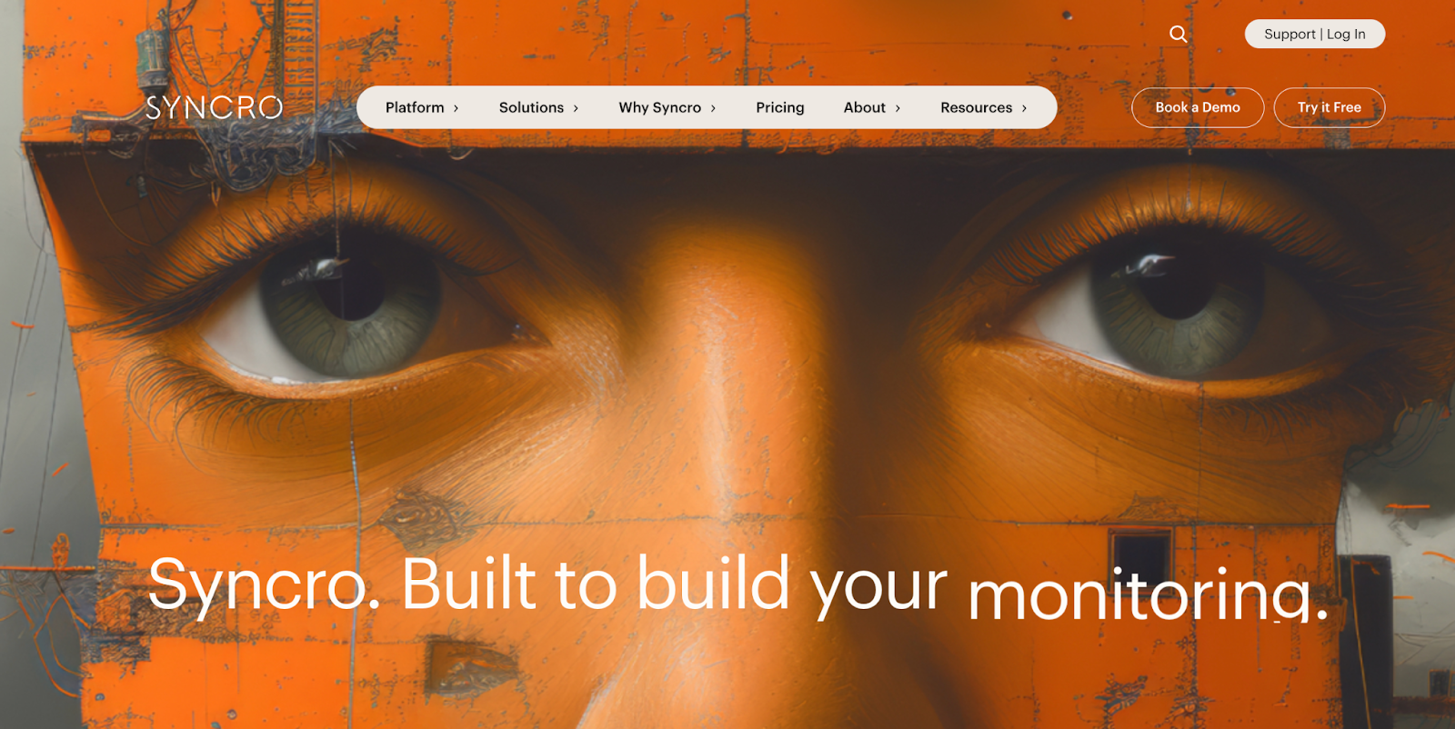 Syncro homepage picture. It says, "Syncro. Built to build your monitoring."