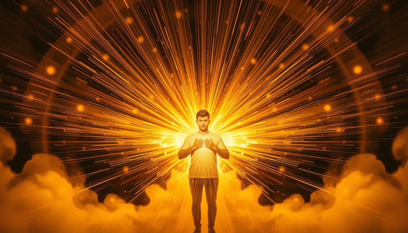 A burst of golden light radiating from a person's heart and expanding outward, symbolizing the power of positive energy and intention to attract a call from someone.