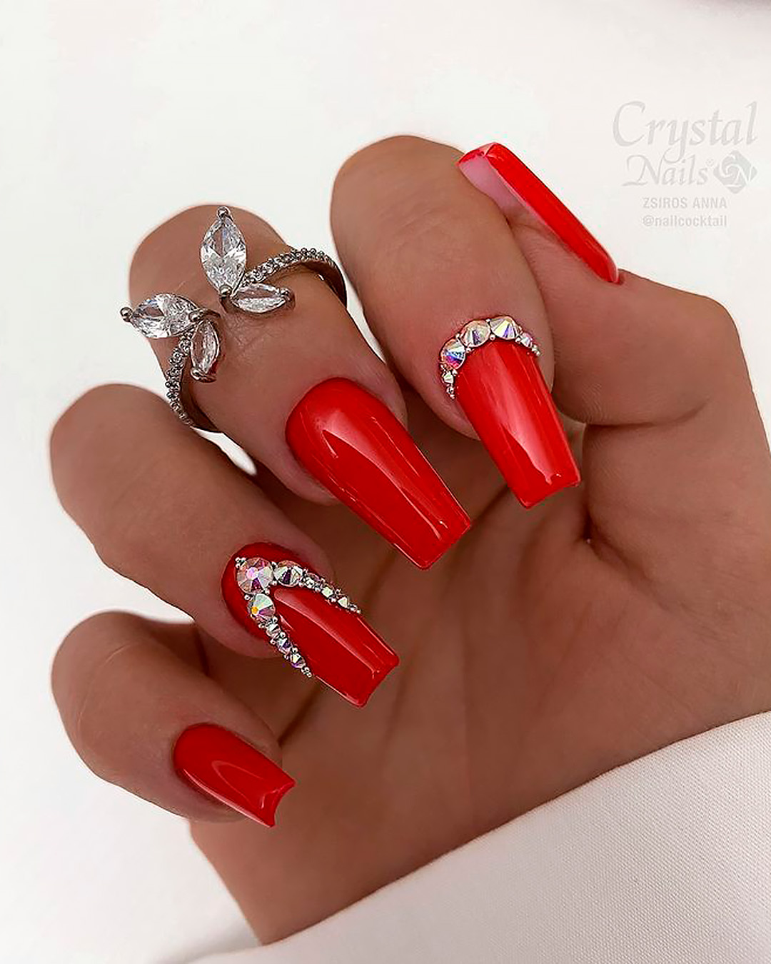 winter wedding nails long red nails with rhinestones nailcocktail