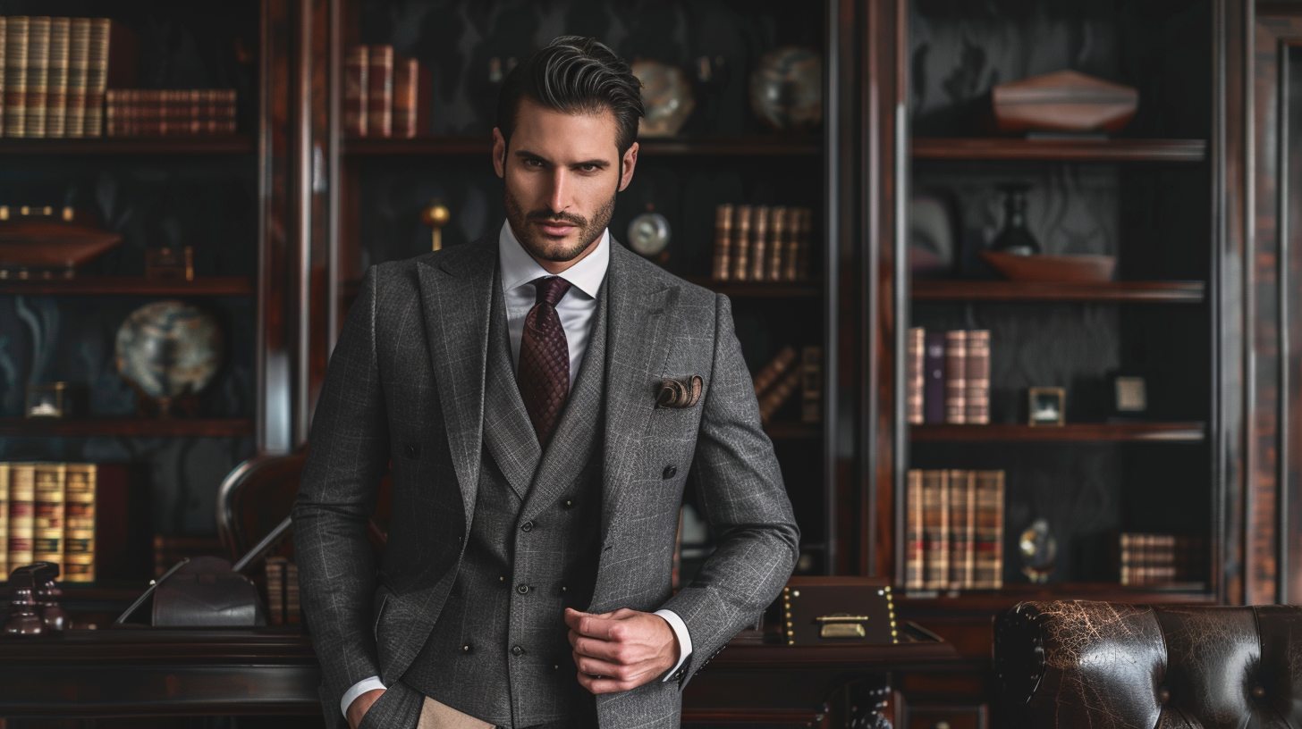 Man in a classic fit suit with a looser cut through chest and legs, posing in a traditional office or formal setting, conservative and timeless styling