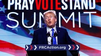 FILE PHOTO: Former U.S. President and Republican presidential candidate Donald Trump addresses the Pray Vote Stand Summit, organized by the Family Research Council in Washington, U.S. September 15, 2023.  REUTERS/Jonathan Ernst/File Photo