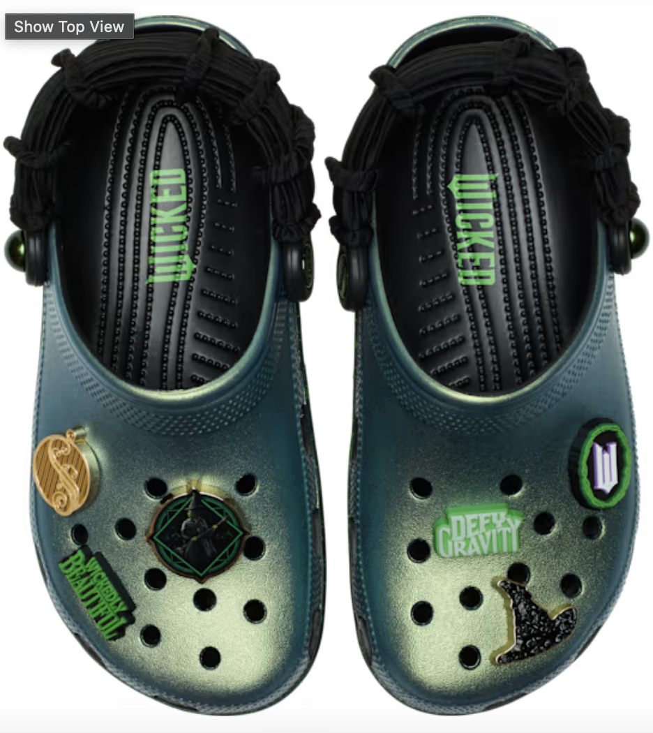 A pair of Crocs shoes inspired by Elphaba and the "Wicked" movie. 