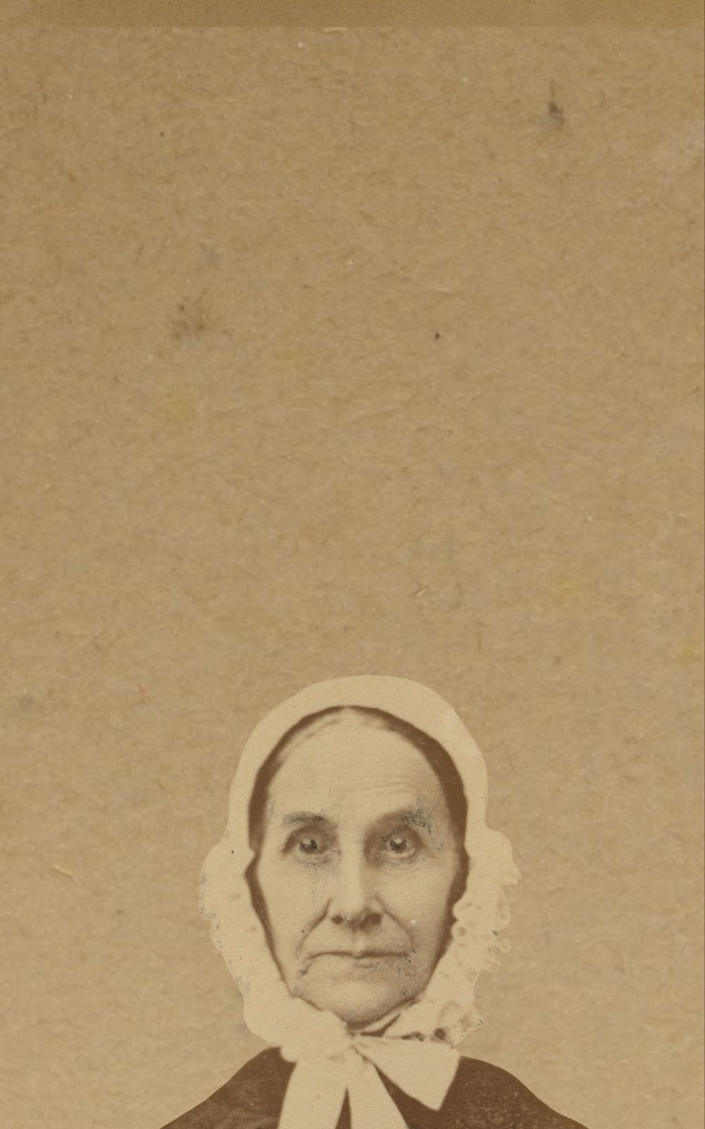 A cropped version of the bonnet-wearing woman, showing a smaller portion of her shoulders and her head, with ample extra space at the top of the photo