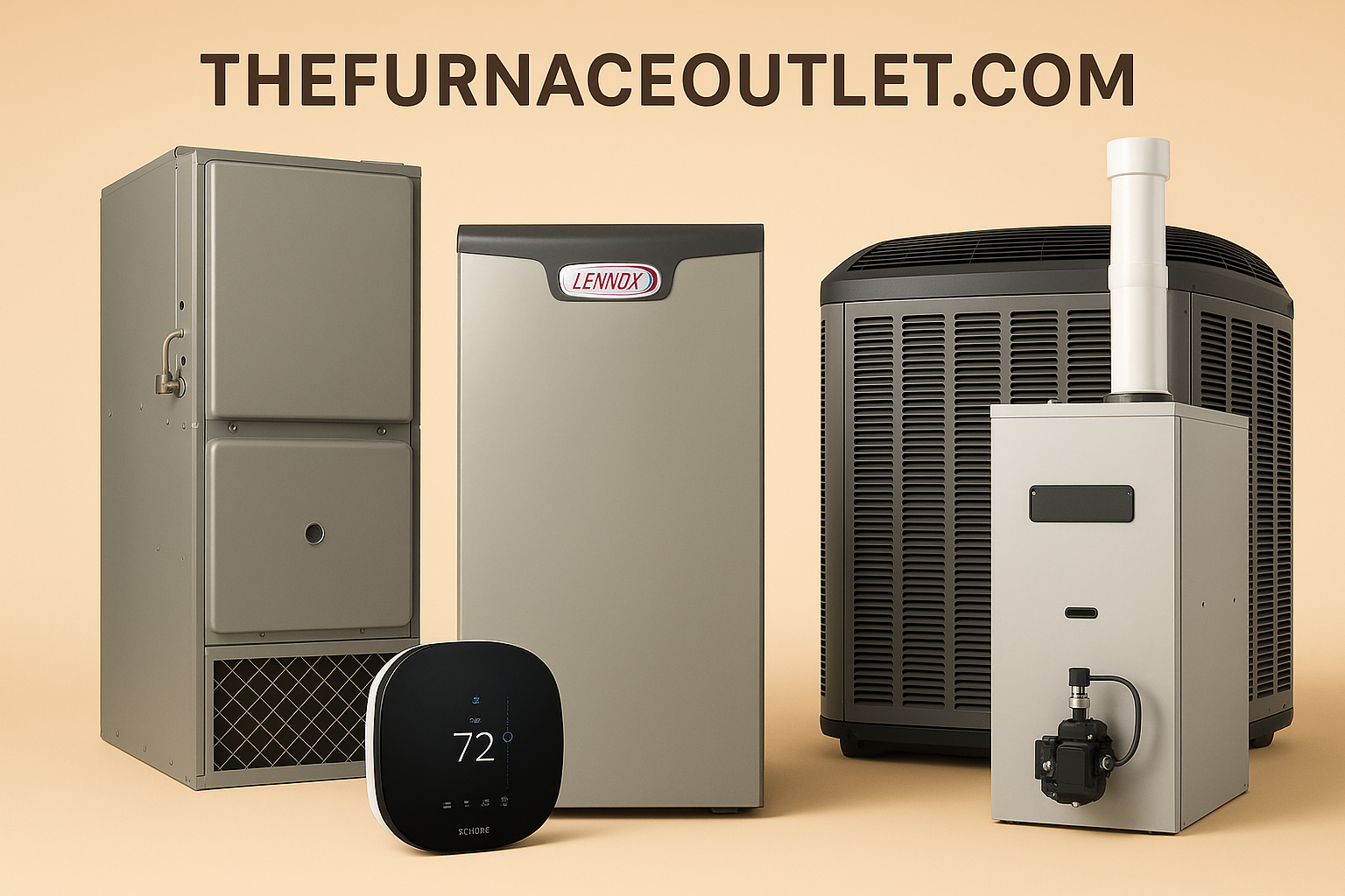 A lineup of high-efficiency heating systems including a Lennox furnace, smart thermostat, air handler, and outdoor heat pump unit, with The Furnace Outlet branding displayed above.