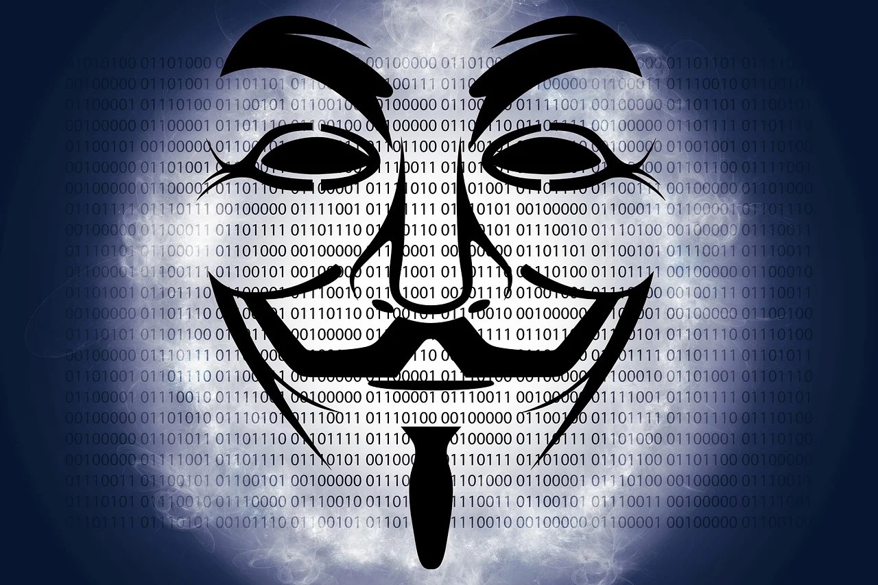 Anonymous head logo on a background with cryptographic numbers 