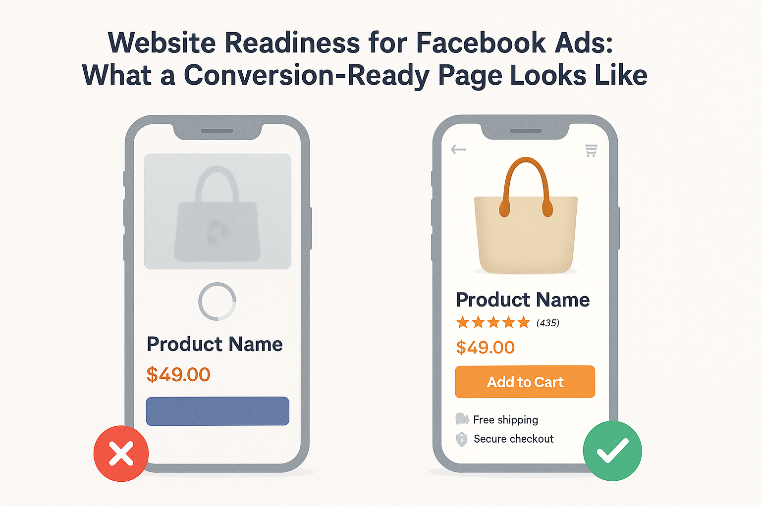 Side-by-side mobile product page mockups comparing a bad vs. good example of a Facebook Ads-ready landing page