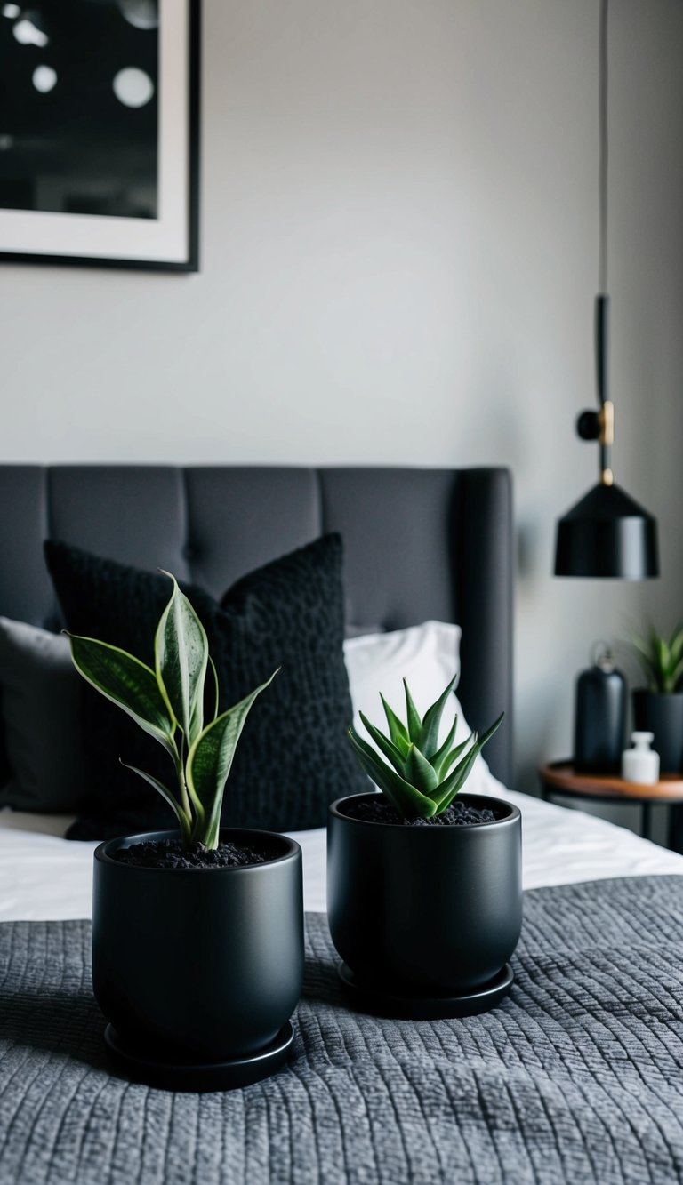 A bedroom with obsidian plant pots, featuring black and gray decor