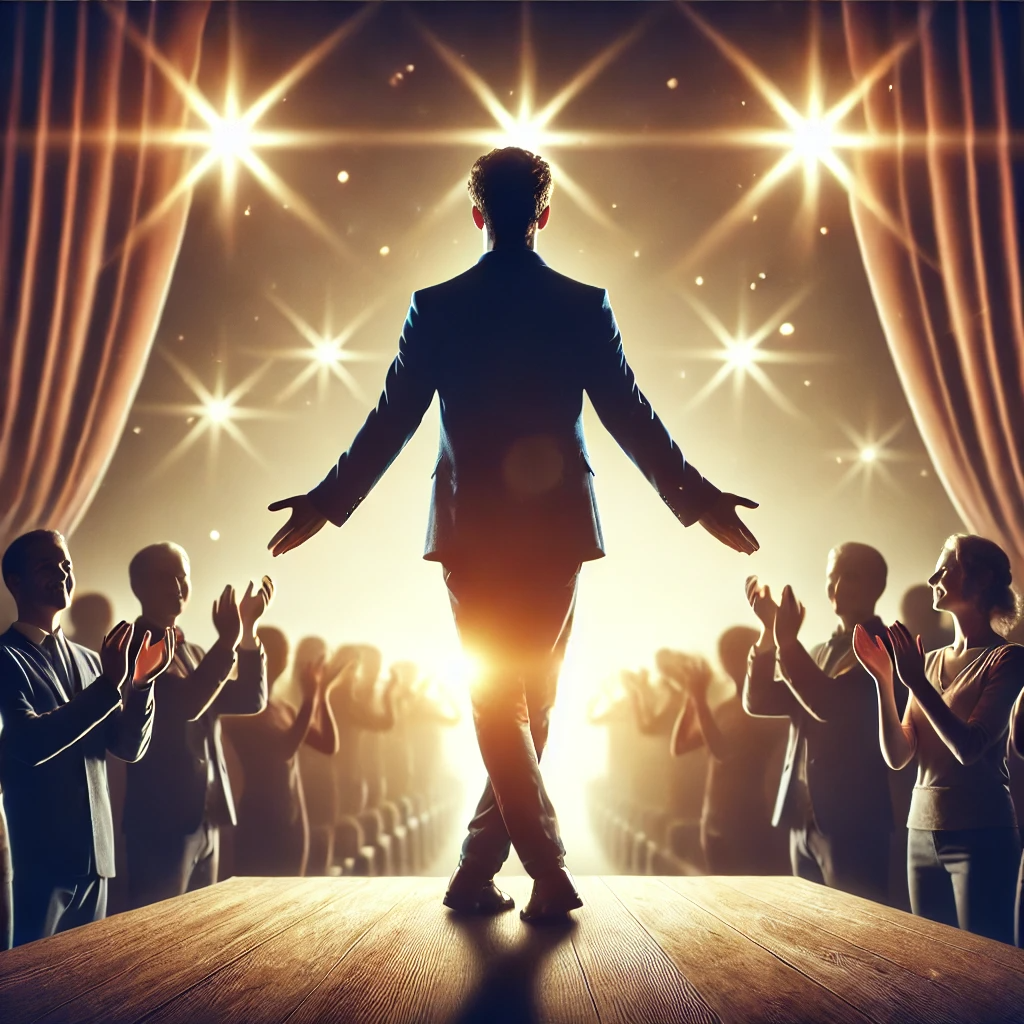 A person standing on a stage, taking a graceful bow in front of an audience clapping and cheering. The individual exudes confidence and pride, with soft spotlights shining down, symbolizing recognition and achievement. The background glows warmly, creating a celebratory and accomplished atmosphere, representing the conclusion of a successful journey.