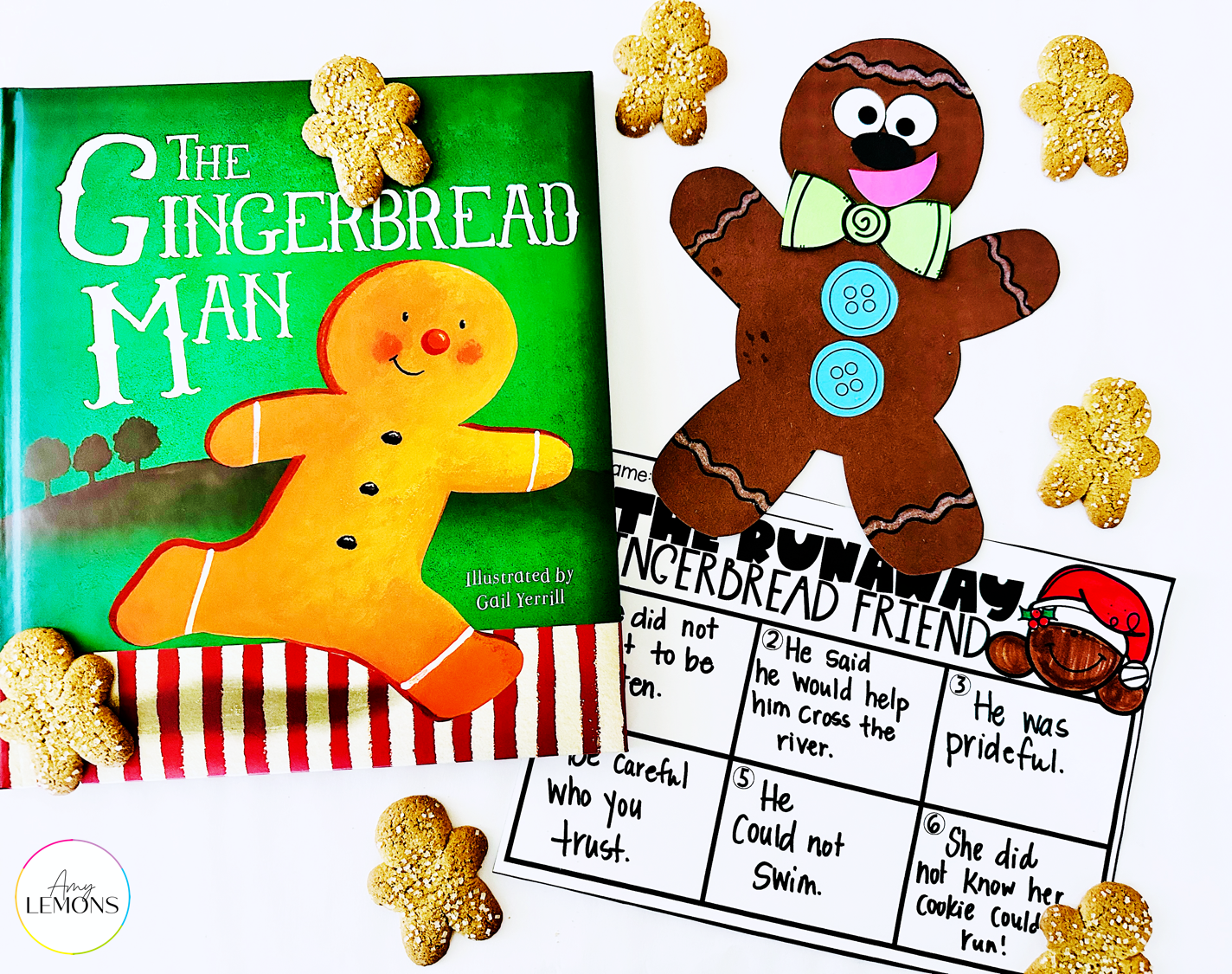 Gingerbread cookies, craft, book, and gingerbread printable for answering reading response questions.