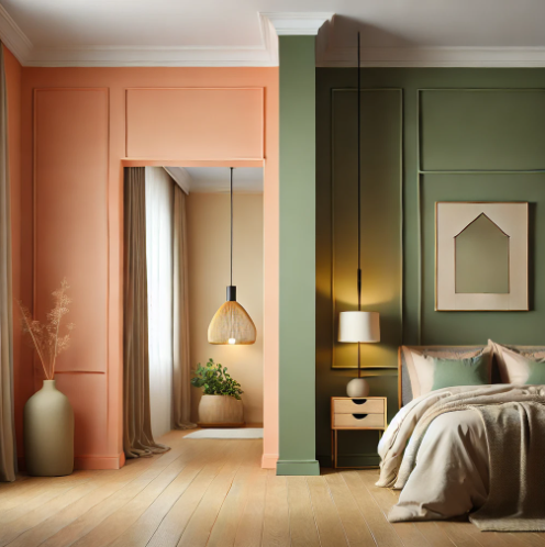 Bedroom with a soothing color palette of soft peach and olive green, evoking a Tuscan orchard.
